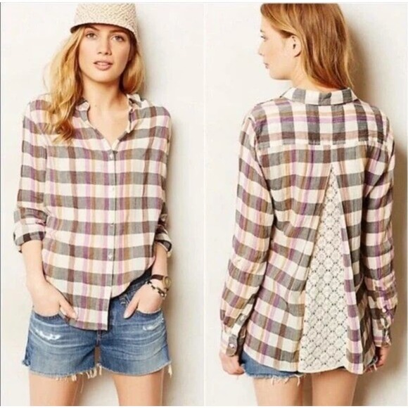 Isabella Sinclair Anthropologie Back Lace Button Down Shirt - Picture 1 of 6